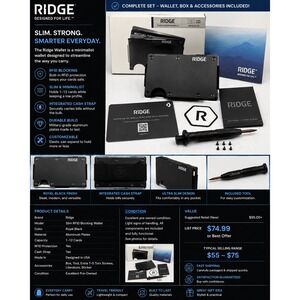 Ridge Wallet Royal Black Slim RFID Blocking Metal Wallet Cash Strap Box & Tool